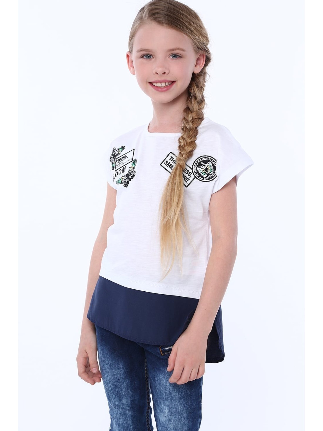 Girls\' T-shirt made of combined materials, white NDZ8212 - Online store - Boutique